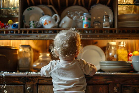 Rear view of toddler making mess in kitchen cabinet 