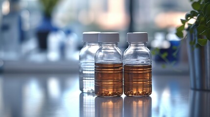 special bottles on the table, on white blurred background, pharmaceutical theme