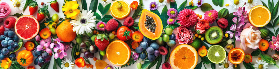 Various fruits are arranged neatly on a wall, creating a colorful and eye-catching display