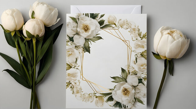 Wedding invitation mockup with white peonies, blank sheet of paper with copy space