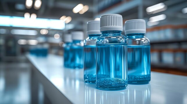special bottles on the table, on white blurred background, pharmaceutical theme