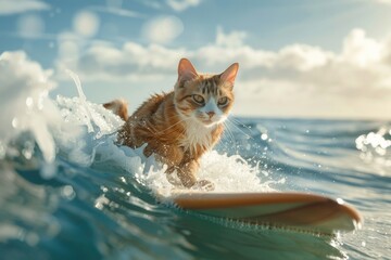 A cute cat having fun a surfboard on the beach in the summer