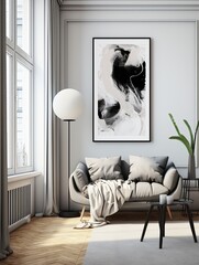 Abstract painting. Black white Color graphics and collage. Painting in the interior. A modern poster
