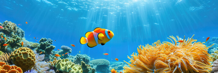 Clown fish swim among colorful corals in a lively underwater scene - obrazy, fototapety, plakaty