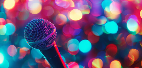 Microphone on stage close-up. Karaoke, night club, bar. Music concert.