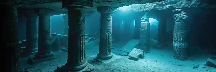 An underwater cave featuring tall columns and a bench where divers can rest and explore the unique geological formations - obrazy, fototapety, plakaty