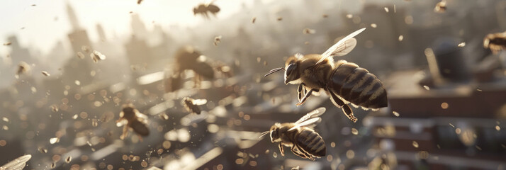 A group of bees flying in the air, buzzing around in a coordinated manner - obrazy, fototapety, plakaty