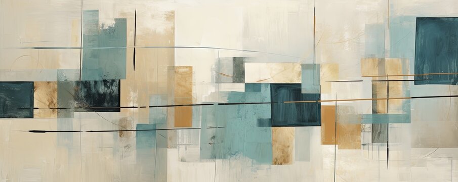 Abstract painting. Beige turquoise Color graphics and collage. Painting in the interior. A modern poster