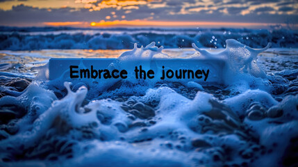 A sign on the beach with the words Embrace the Journey written on it - obrazy, fototapety, plakaty