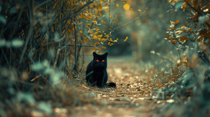 A mysterious black cat with piercing red eyes sits attentively on a leaf-strewn forest trail surrounded by autumn foliage - obrazy, fototapety, plakaty