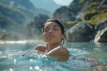 Fototapeta premium Serene Dip: A woman finds tranquility as she bathes in clear, natural water, mountains stand tall in the background.