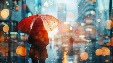 Woman Walking Down Street With Umbrella