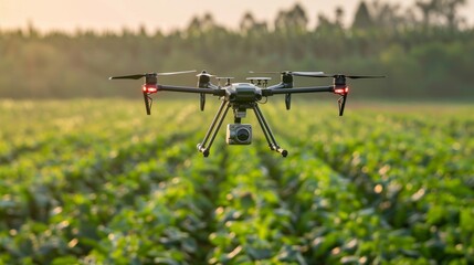 A drone flying over a lush green agricultural field, equipped with various sensors and cameras to be used in precision agriculture. High technology innovations and smart farming.