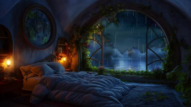 comfortable bedroom with animated rain
