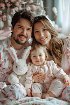 Heartwarming family portrait of a happy father, mother and her child. Easter decorations, embracing each other with smiles. Easter themed. Generative AI