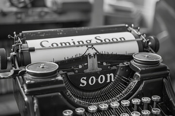 Coming soon. Classic black and white typewriter on desk, showcasing its keys and intricate mechanics - obrazy, fototapety, plakaty