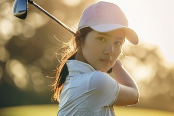 Professional girl golfer playing golf on the course