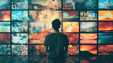 Man observing diverse array of vibrant images on multiple screens in control room. Visual media and information overload.