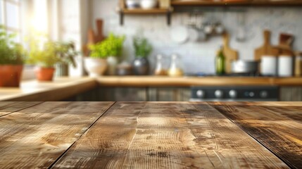 Empty wooden table for product display with a blurred kitchen background. 