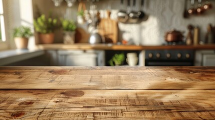 Empty wooden table for product display with a blurred kitchen background. 