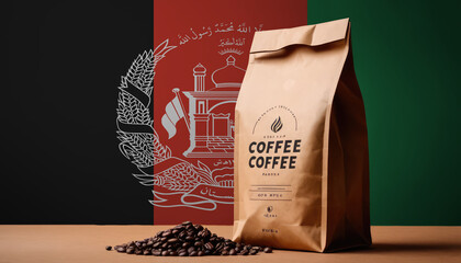 Afghanistan flag sticking in roasted coffee beans. The concept of export and import of coffee