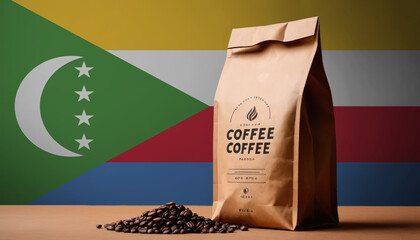 Comoros flag sticking in roasted coffee beans. The concept of export and import of coffee