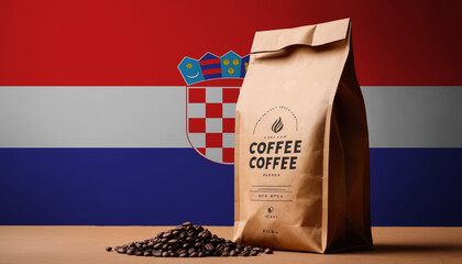 Croatia flag sticking in roasted coffee beans. The concept of export and import of coffee