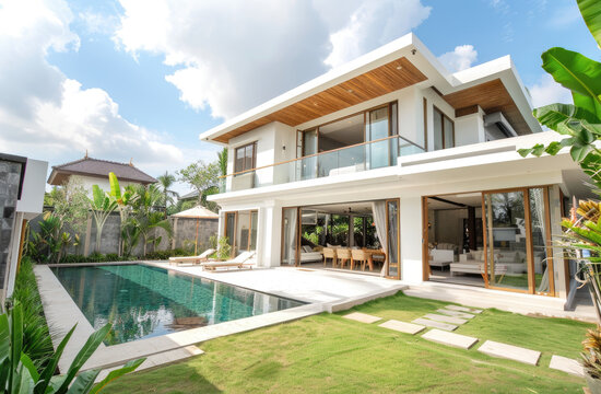 A wide angle photo of the front view of an elegant minimalist Balinese villa with a pool and beautiful green lawn, white walls, light wood accents, and tropical plants