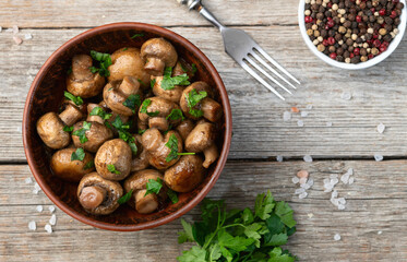 Fried mushroom champignon with onion and parsley - 766292113