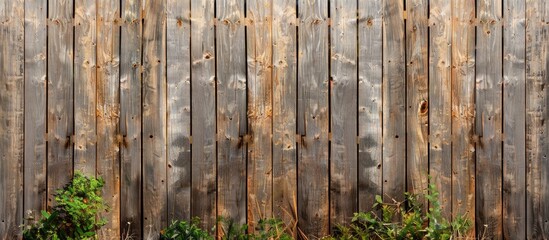 An aged wooden fence shows signs of weathering, with a green plant sprouting from one of the worn panels