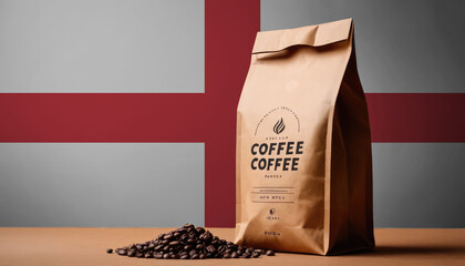 England flag sticking in roasted coffee beans. The concept of export and import of coffee