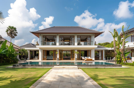 A wide angle photo of the front view of an elegant minimalist Balinese villa with a pool and beautiful green lawn, white walls, light wood accents, and tropical plants