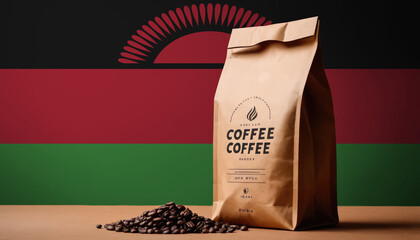 Malawi flag sticking in roasted coffee beans. The concept of export and import of coffee