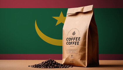 Mauritania flag sticking in roasted coffee beans. The concept of export and import of coffee
