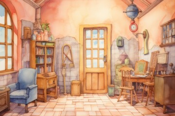A tidy room depicted in watercolor.