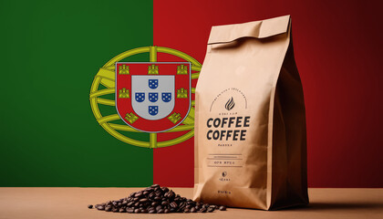 Portugal flag sticking in roasted coffee beans. The concept of export and import of coffee