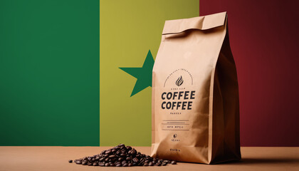 Senegal flag sticking in roasted coffee beans. The concept of export and import of coffee