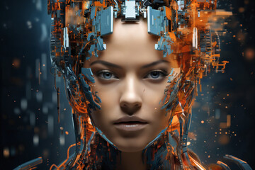 a woman's face with 3D particles in space as a symbol of augmented reality and computer technologies of the future, a close-up portrait, the concept of cybernetics, biomechanics and robotics - 766292982