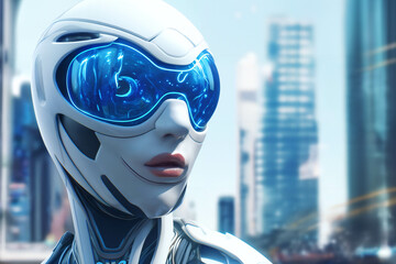gynoid, a humanoid female android hybrid robot with a female face in a plastic helmet on the background of a futuristic city street, robotics concept - 766292988