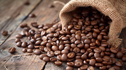 Roasted coffee beans in a bag. Coffee beans spilled out of a  bag. - obrazy, fototapety, plakaty