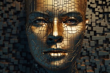 golden human's face with 3D cubes and particles in space as symbol of augmented reality and computer technologies of future, close-up portrait, concept of cybernetics, biomechanics and robotics - 766292998