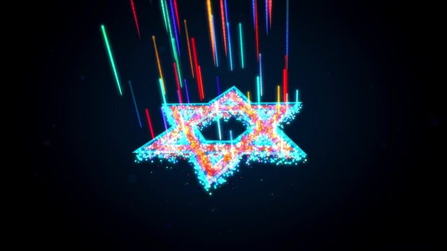 Blue Colorful 3D Perspective Motion View Glowing Light Glitter Dust Particle And Light Beam Lines Of Star Of David Judaism Symbol