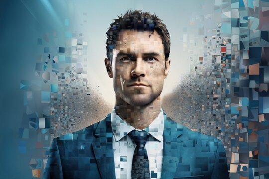 portrait of a businessman with a digital holographic structure and augmented reality particles around him, computer technologies of the future, the concept of cybernetics
