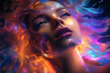 A girl's face surrounded by abstract shapes and colorful smoke on a dark background with lights - 766293118