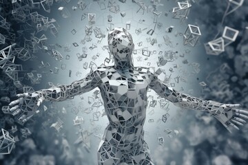 a human body made of squares and cubes, standing in front of a digital background with abstract particles in space, cybernetics, computer rendering - 766293125