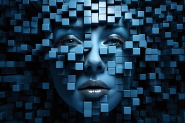 woman's face with 3D cubes and particles in space as symbol of augmented reality and computer technologies of future, close-up portrait, concept of cybernetics, biomechanics and robotics - 766293127