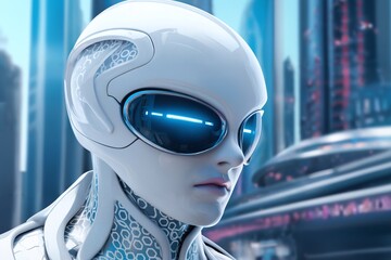 gynoid, a humanoid female android hybrid robot with a female face in a plastic helmet on the background of a futuristic city street, robotics concept - 766293128