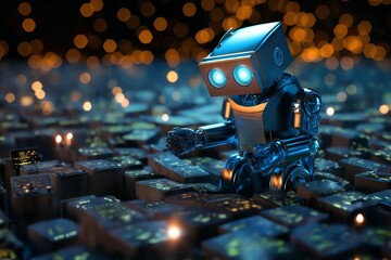 digital computer robot android in a space of holographic elements and lights, abstract background, cyber future, digital art concept - 766293137