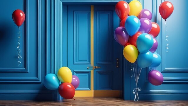 colorful balloons in the blue door of the room. generative ai