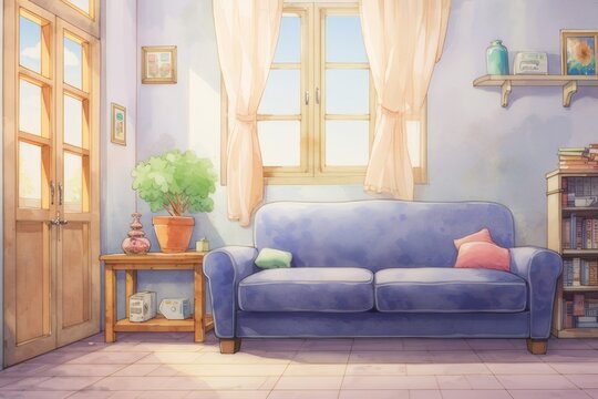 A clean room featuring a sofa, depicted in watercolor.
